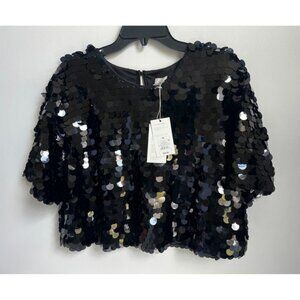 A New Day Black Sequin Embellished Top XL Short Sleeve Party NWT